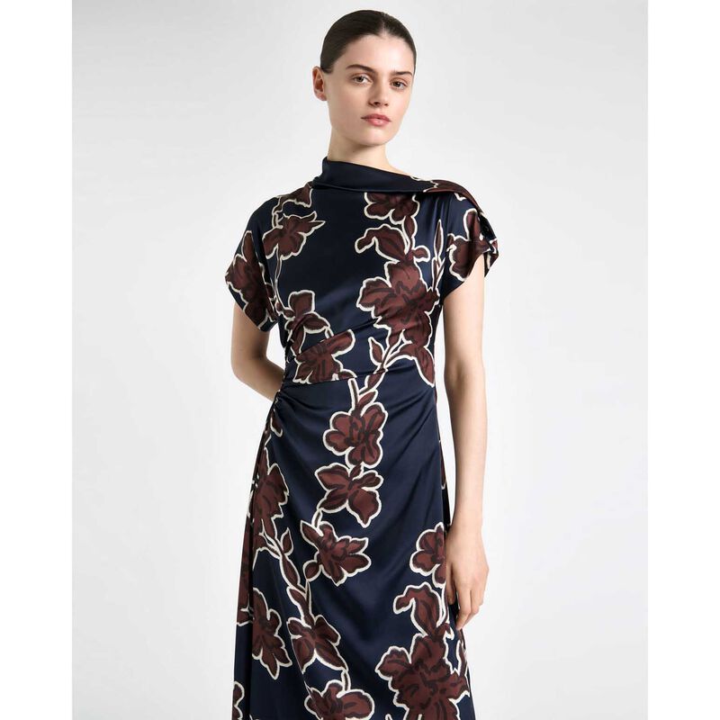 Cue Ink Illustrated Floral Satin Fold Neck Dress image number 3